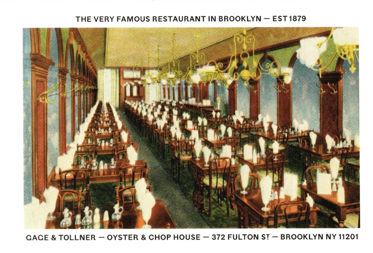A postcard from Gage and Tollner with an original illustration of what the dining room looked like in the 1800s. Reads: The very famous restaurant in Brooklyn - EST 1879. Gage & Tollner Oyser & Chop House 372 Fulton St Brooklyn NY 11201